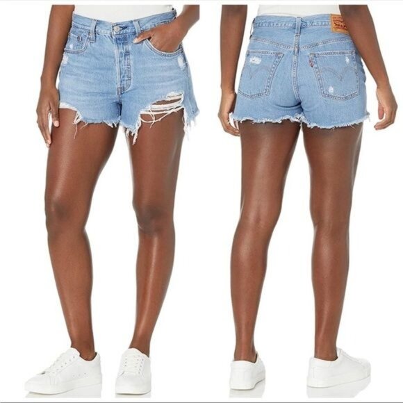 LEVI'S 501 High Rise Denim Shorts distressed Sansome Stranger frayed hem 27 - Picture 1 of 9